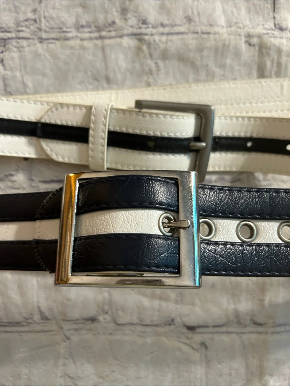 LOT OF (2) BLACK AND WHITE RETRO STRIPED VEGAN WOMEN’S BELTS LARGE